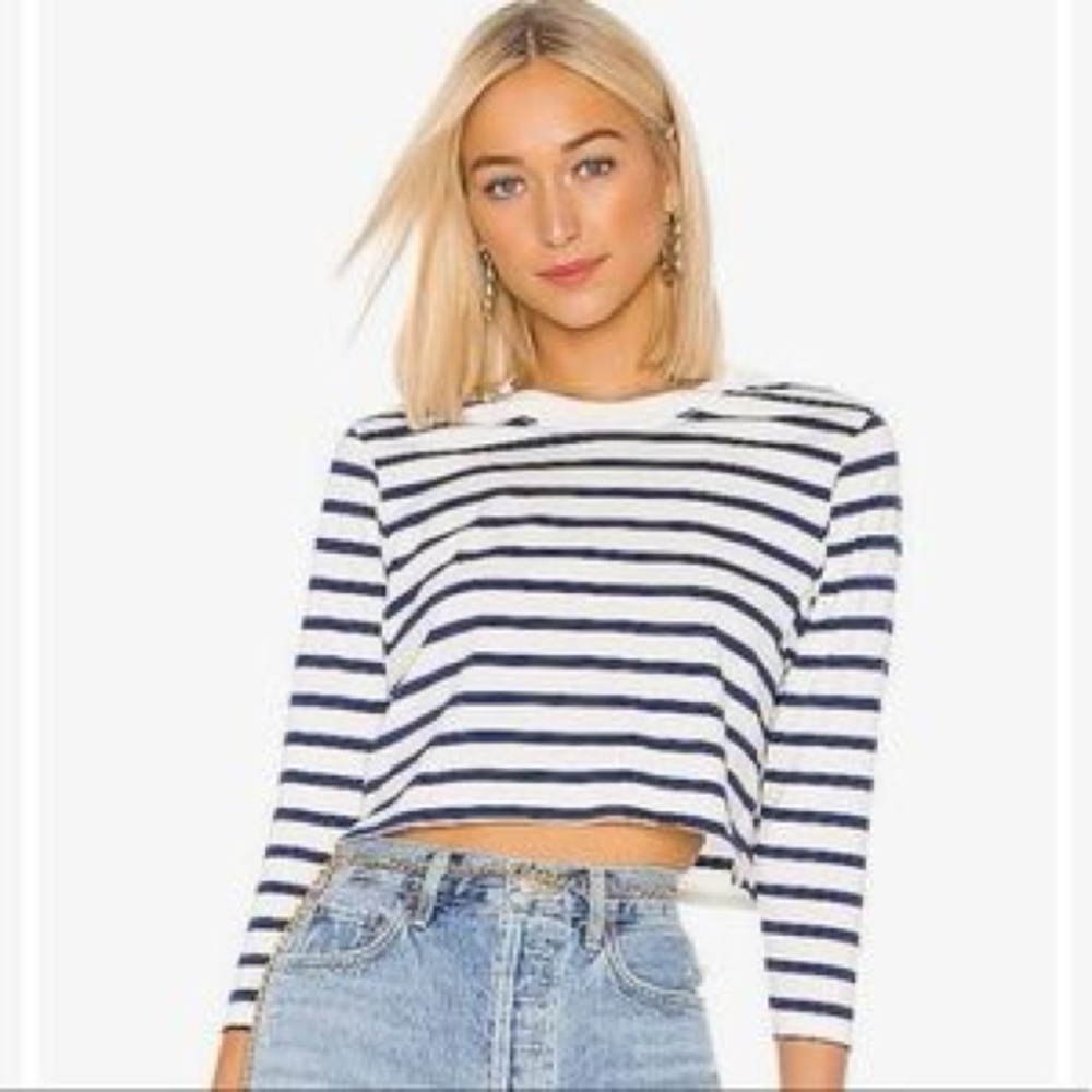 X Karla white and navy striped cropped top.